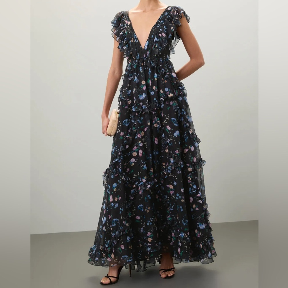 Ieena for Mac Duggal Ruffled Floral Gown Maxi Dress